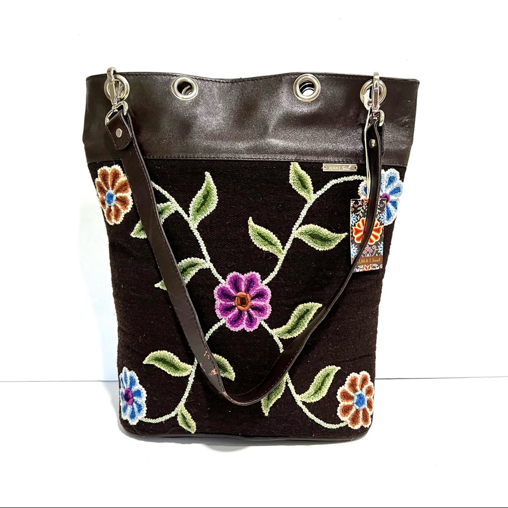 NWT New Alma Soul Claudia Peruvian Wool Brown Leather Floral Tote Shoulder Bag